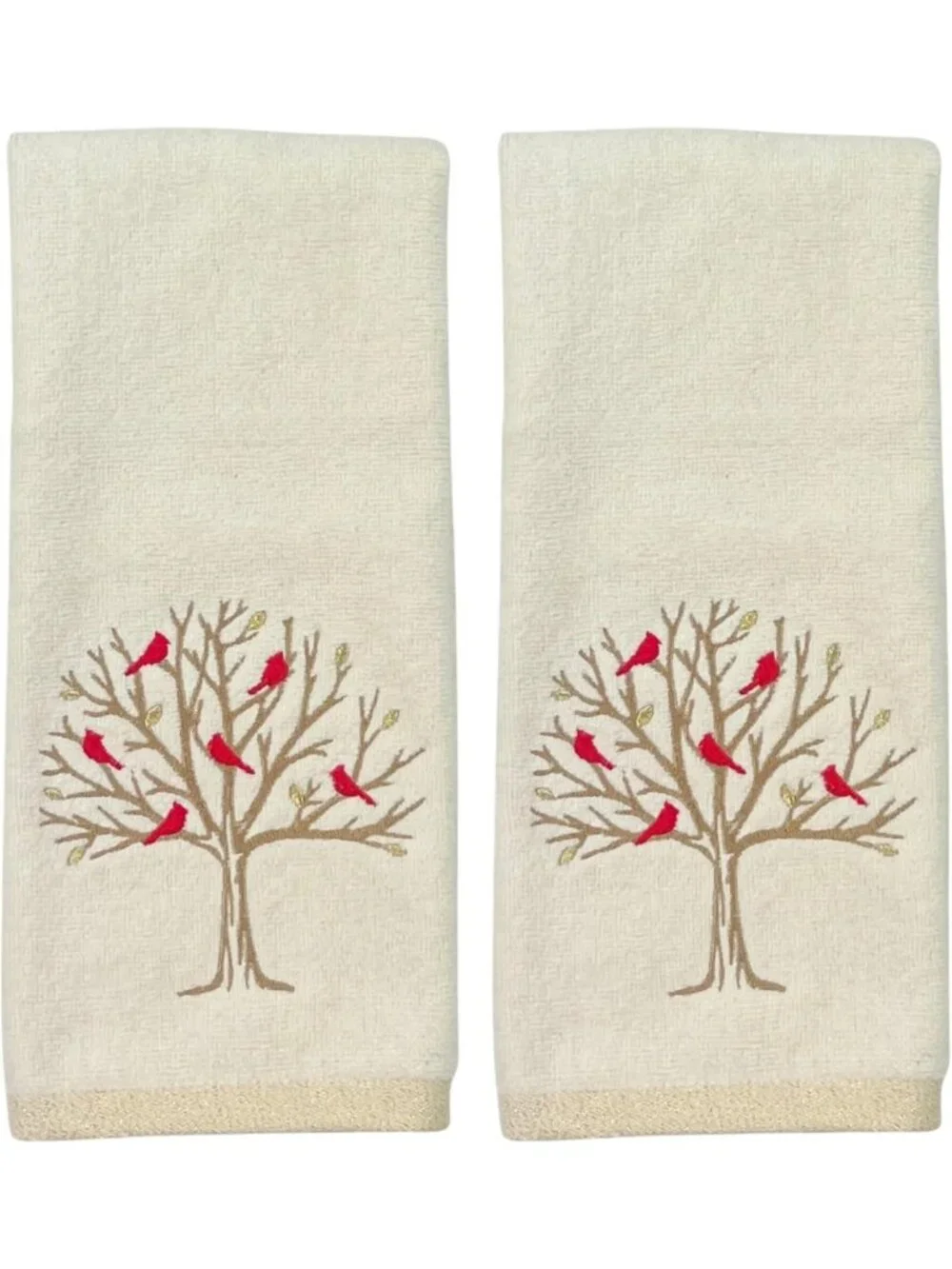 Embroidered Cardinal Hand Towels Set of 2 - Fall Tree Design, 100% Cotton, Ivory
